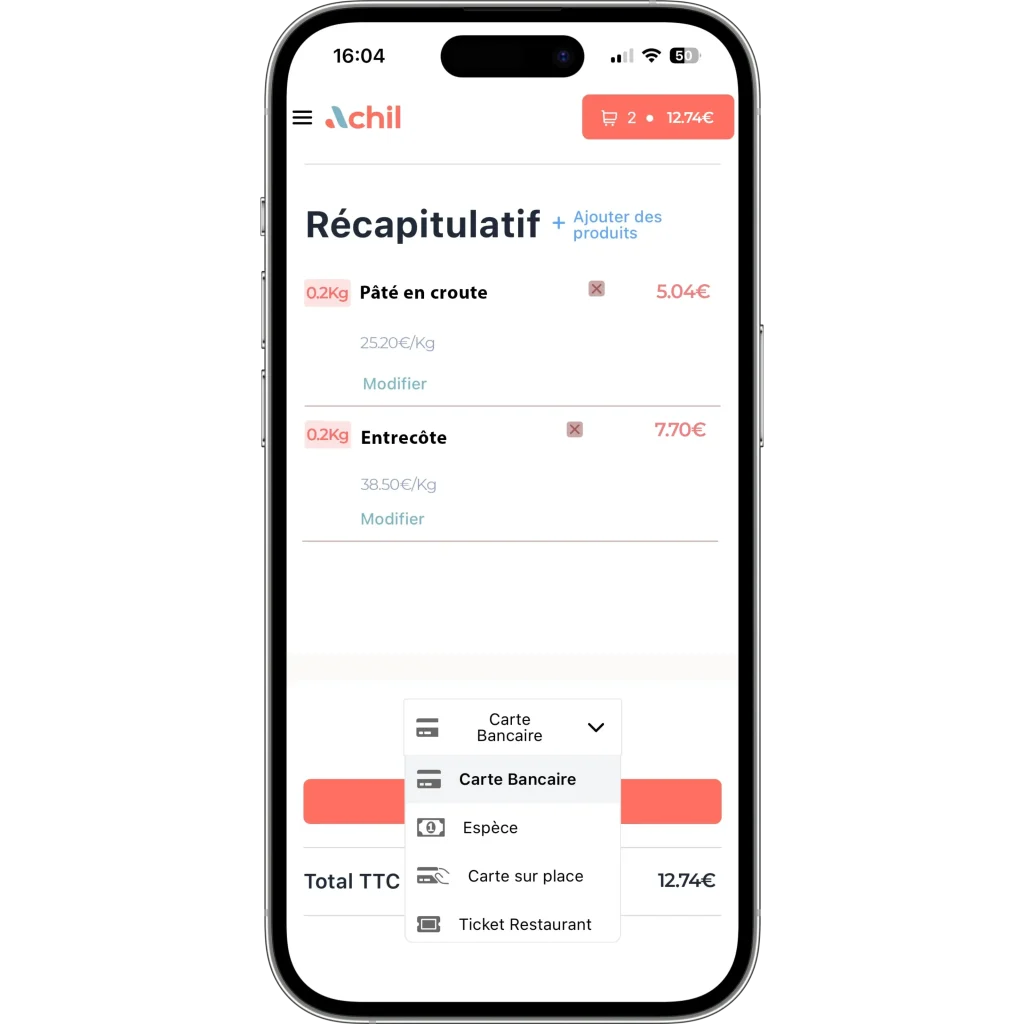 mockup d'un téléphone avec les différents moyens de paiement possible d'une boutique en ligne d'une boucherie