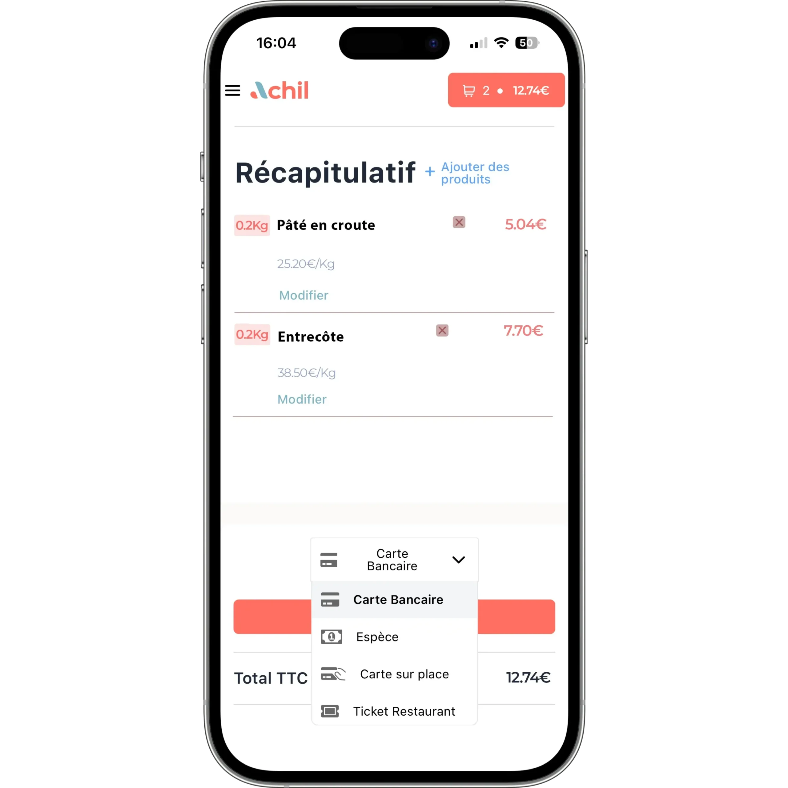 mockup d'un téléphone avec les différents moyens de paiement possible d'une boutique en ligne d'une boucherie