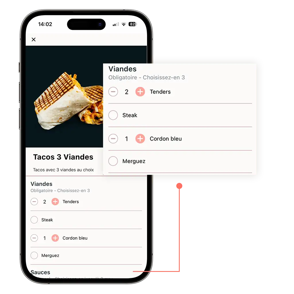 mockup d'un téléphone sur la commande en ligne d'un tacos. L'image montre la possibilité de choisir plusieurs fois une même option obligatoire (ici le tenders)