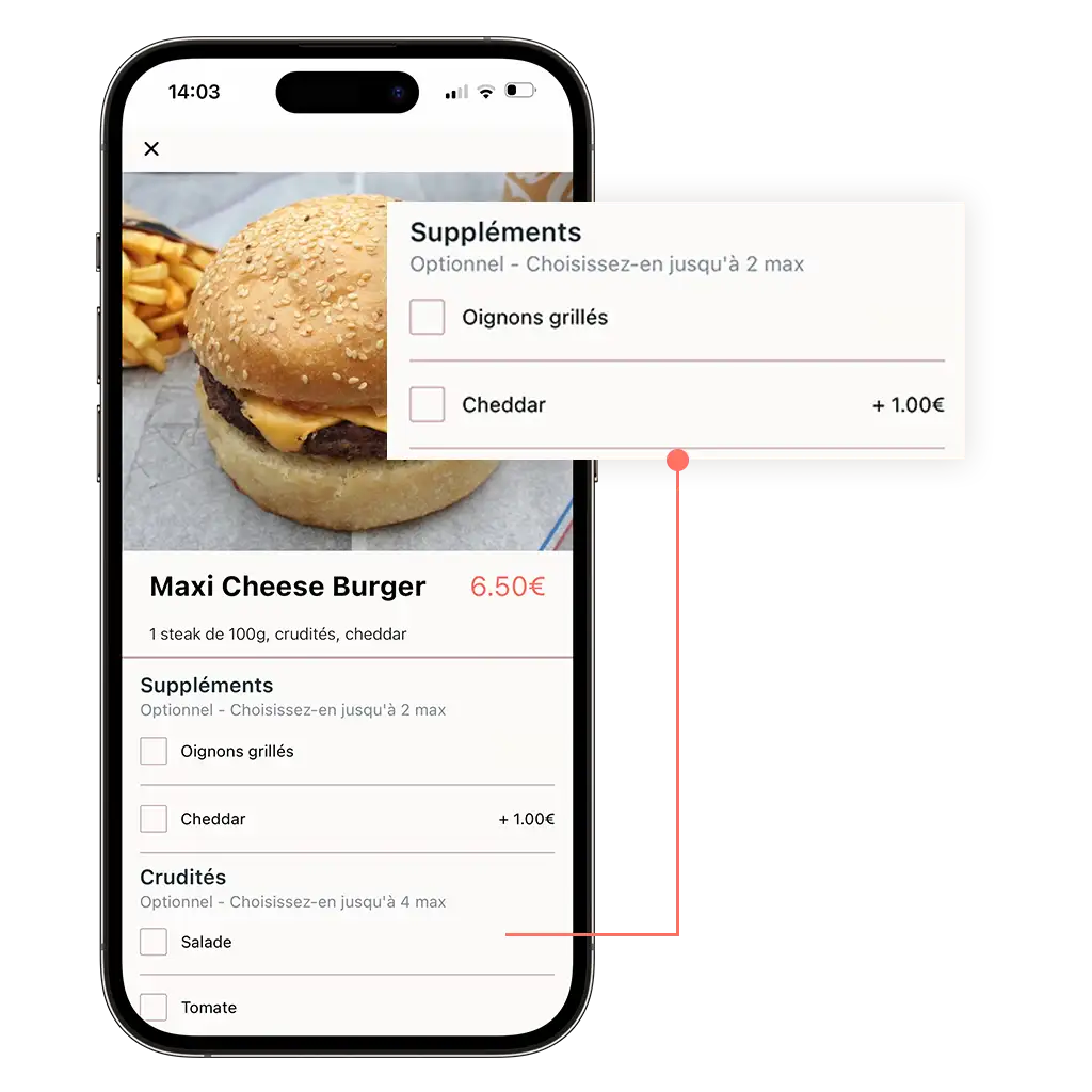 Mockup d'un téléphone montrant une commande en ligne d'un burger, montrant la possibilité de prendre un supplément ou non