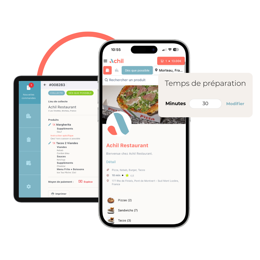 Mockup d'un téléphone et d'une tablette pour définir le temps de préparation d'une boutique en ligne d'un restaurant