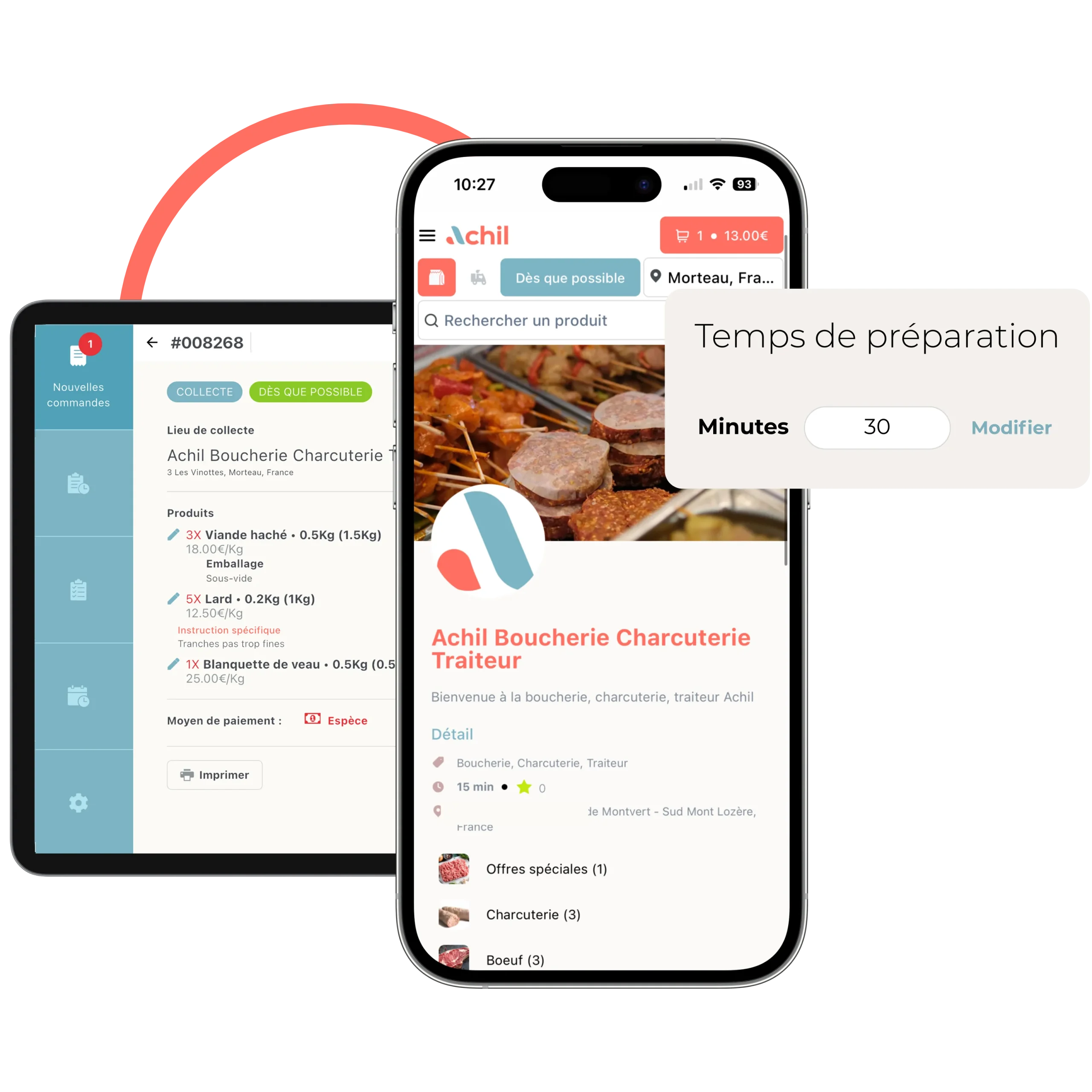 téléphone et tablette d'un site de commande en ligne d'une boucherie charcuterie traiteur avec le temps de préparation minimum par commande en ligne
