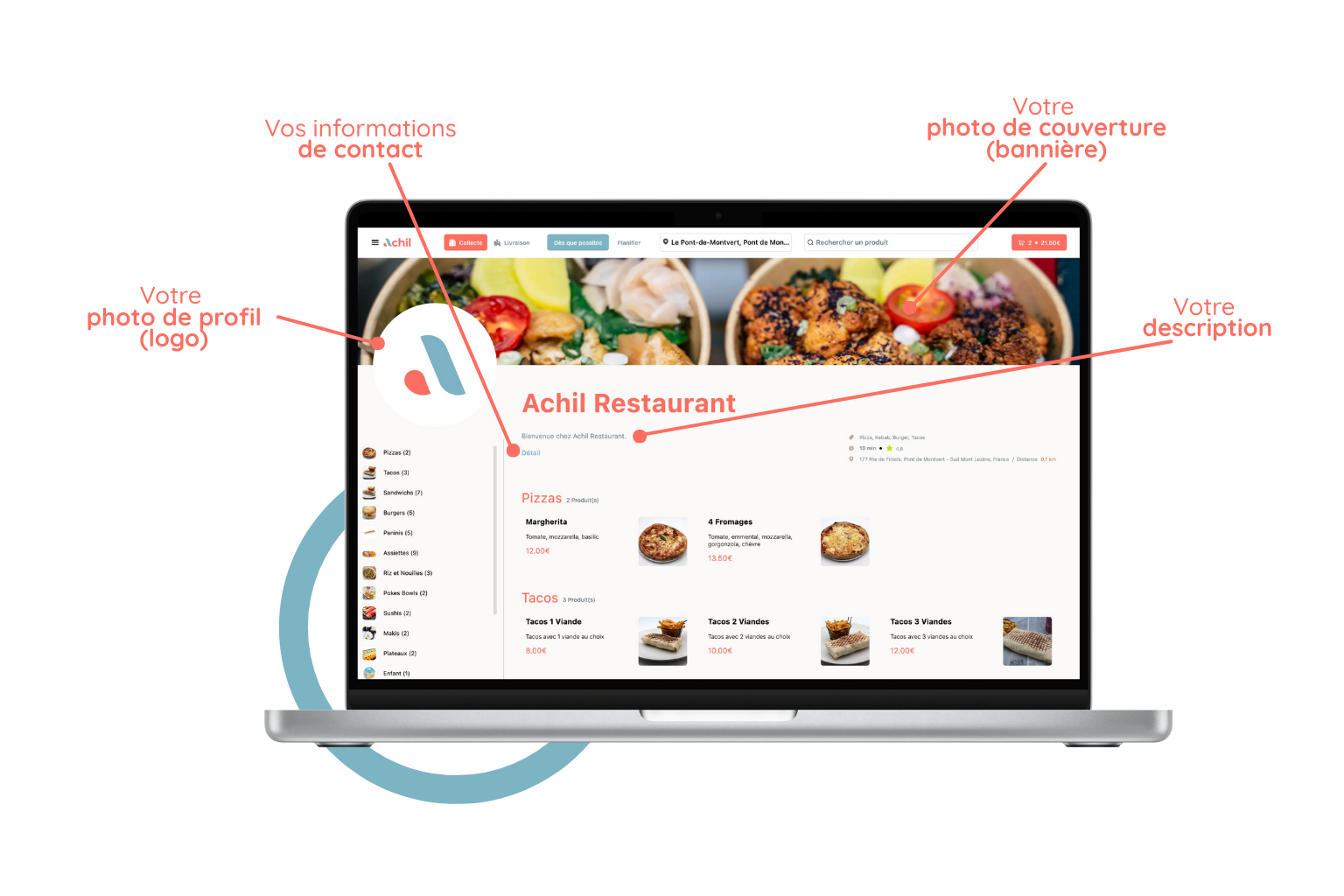 mockup d'un ordinateur avec la personalisation de la boutique en ligne d'un restaurant