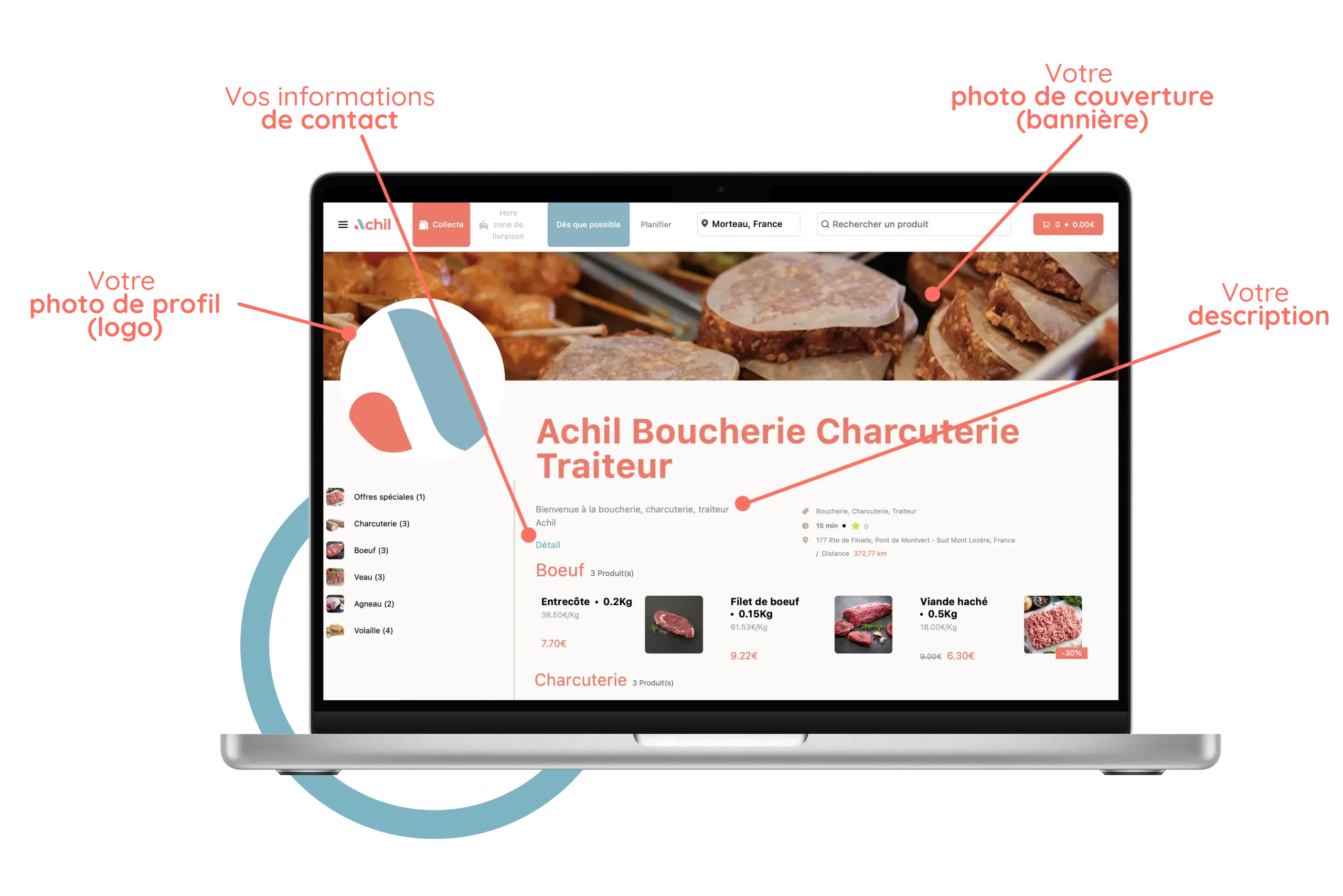 ordinateur sur la personnalisation d'une boutique en ligne d'une boucherie charcuterie traiteur