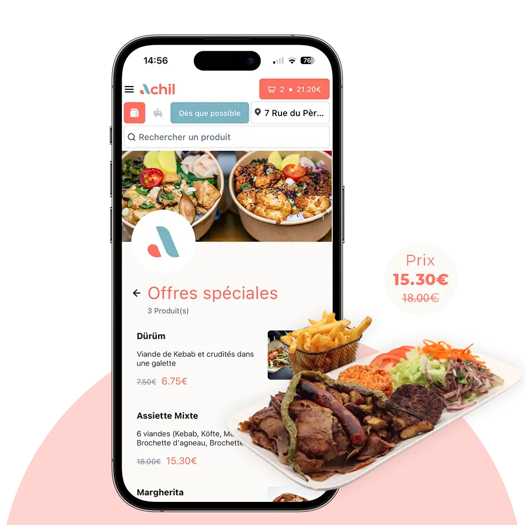 Mockup d'un téléphone sur la catégorie "offres spéciales" pour montrer la création de promotion