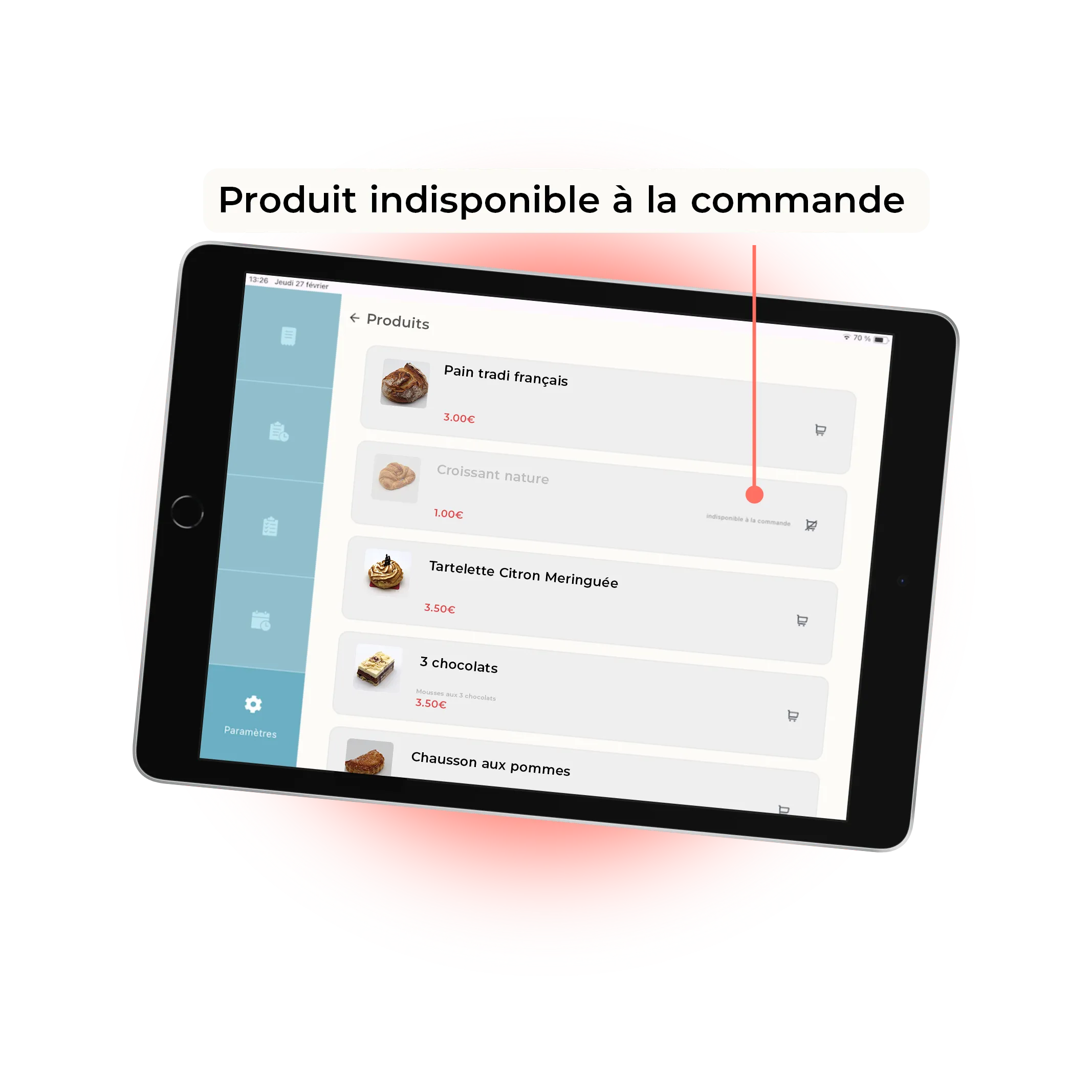 Tablette sur la fiche produit d'une boutique en ligne montrant un produit indisponible à la vente en ligne
