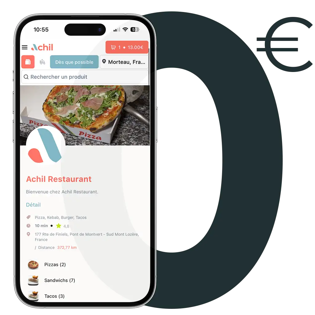 Mockup d'un téléphone sur la boutique en ligne d'un restaurant. Un gros 0€ est derrière le téléphone