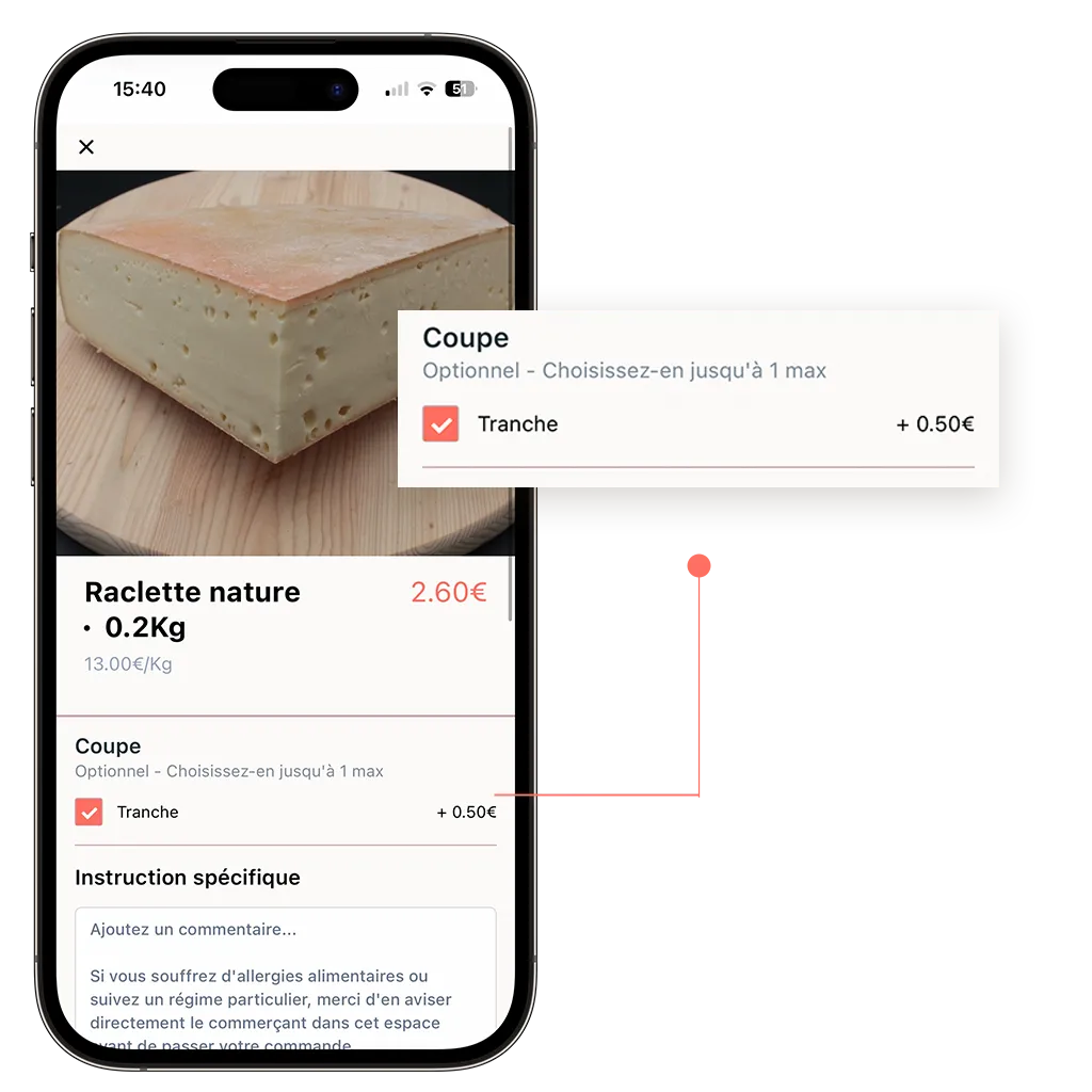 site de commande en ligne d'une fromagerie qui propose des options à ses produits vendus en click and collect