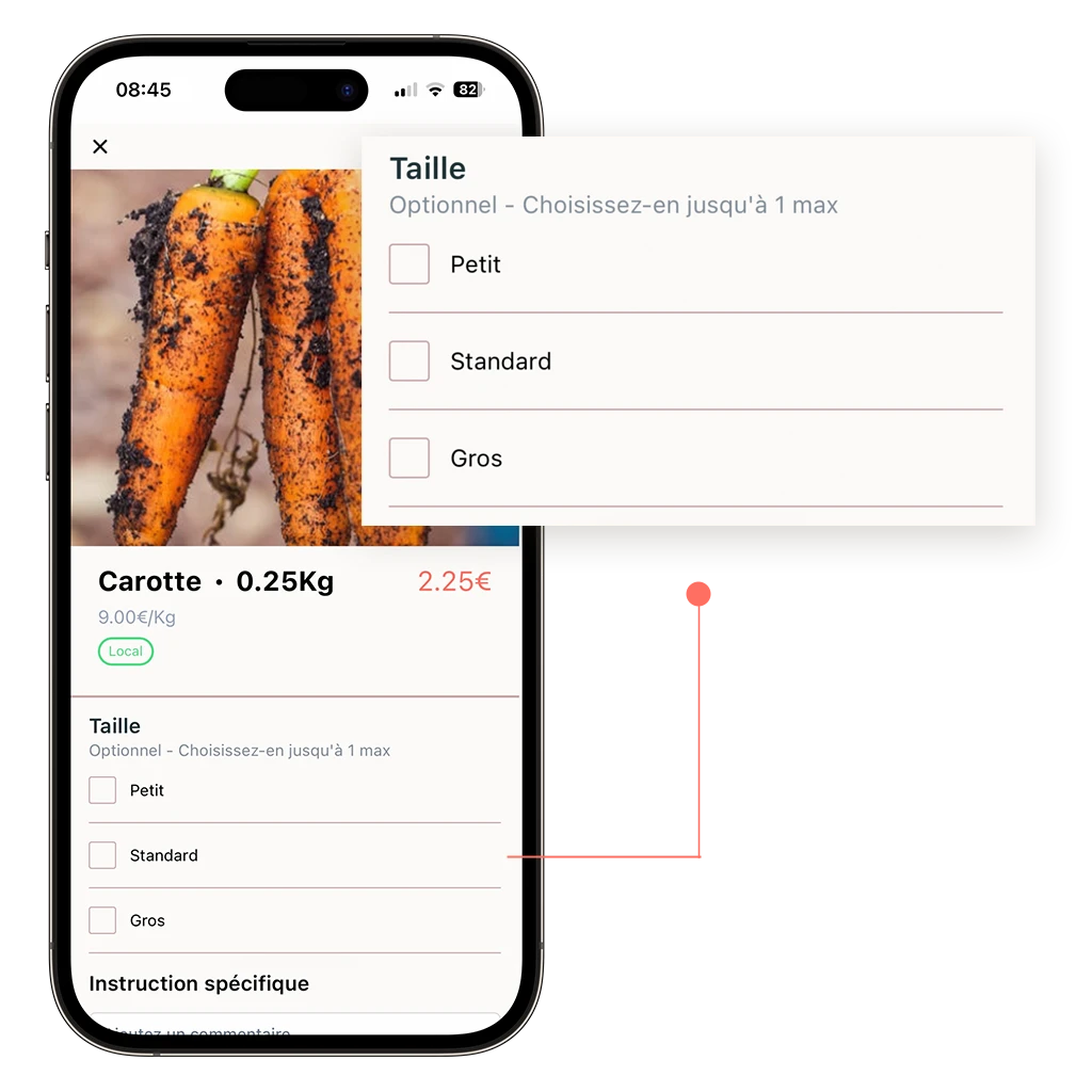 mockup d'un téléphone sur la page produit d'un producteur qui vend des carottes en click and collect et qui propose des options à sélectionner