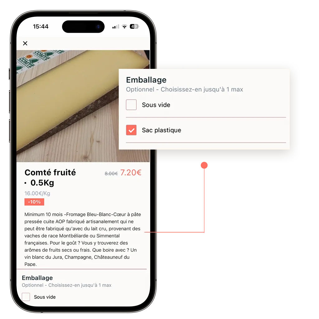 site de commande en ligne d'une fromagerie qui propose des options à ses produits vendus en click and collect