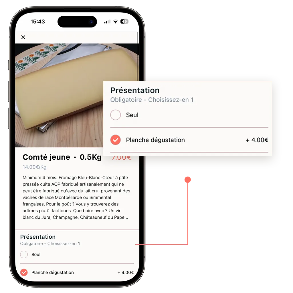 site de commande en ligne d'une fromagerie qui propose des options obligatoires à ses produits vendus en click and collect