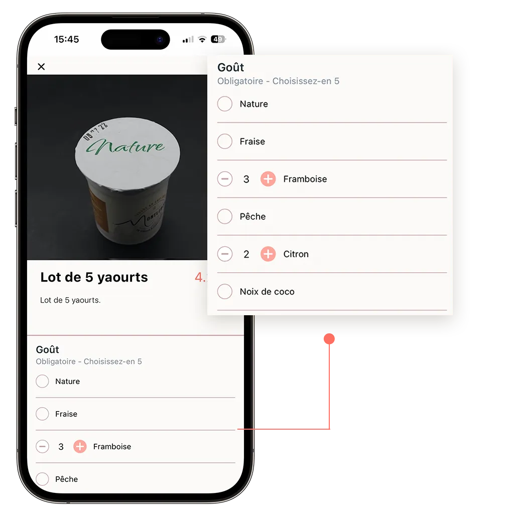 click and collect d'une fromagerie qui propose des options obligatoires à ses produits