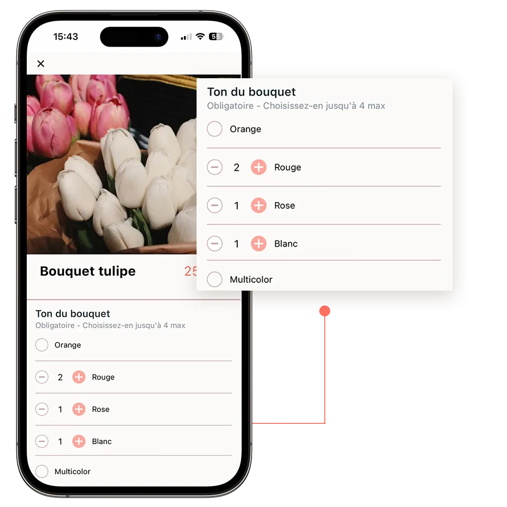 click and collect d'une boutique de fleurs qui propose des options obligatoires à ses produits