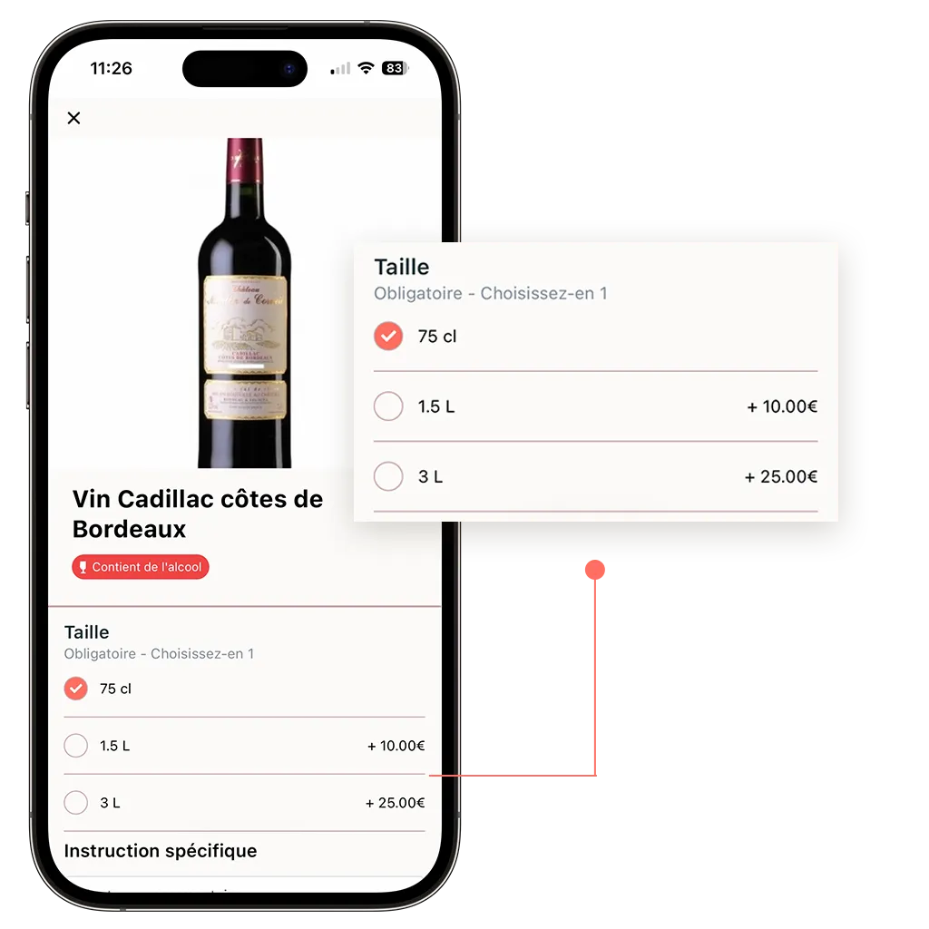 site de commande en ligne d'un caviste qui propose des options obligatoires à ses produits vendus en click and collect