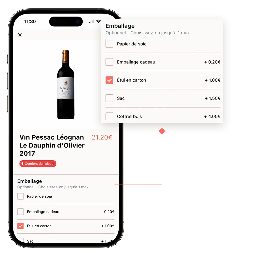 site de commande en ligne d'un caviste qui ajoute des options optionnelles payantes sur ses produits vendus en click and collect