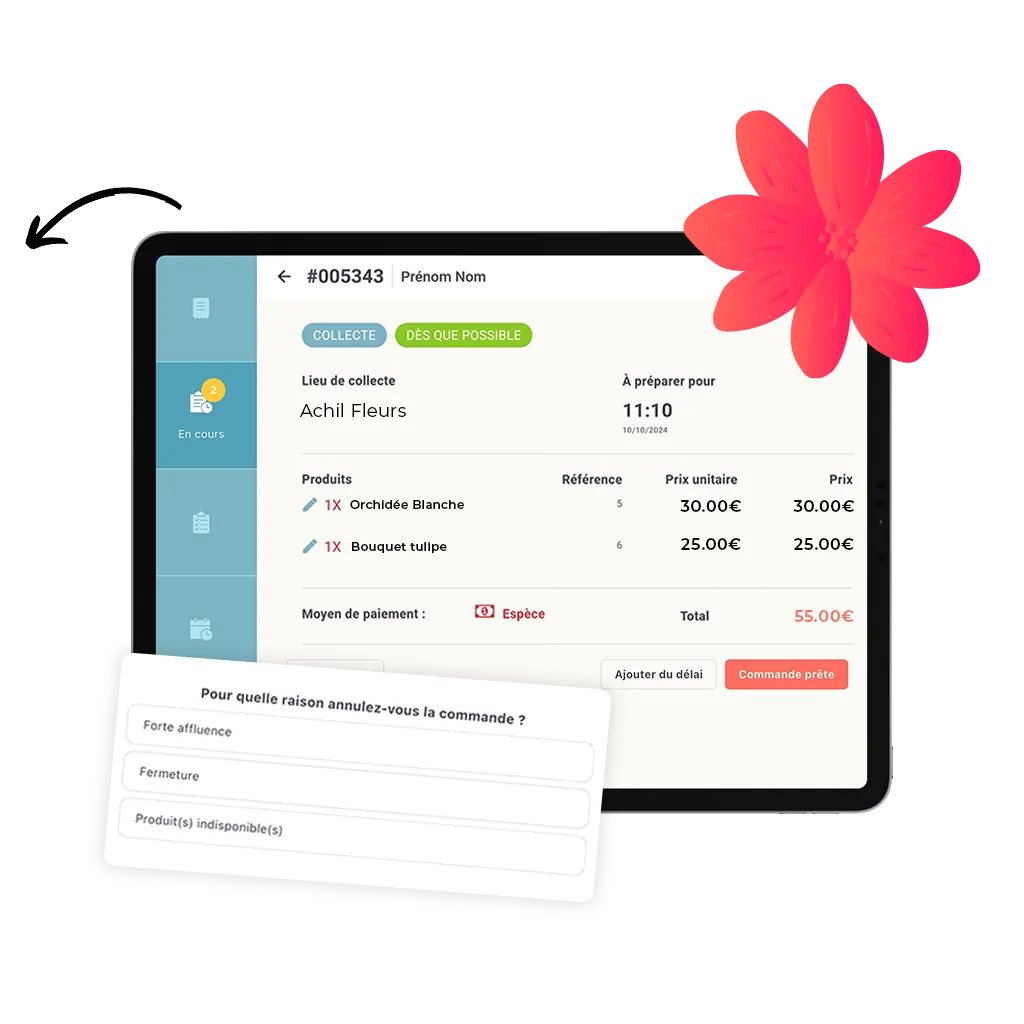 mockup d'une tablette sur comment supprimer une commande en click and collect d'un fleuriste