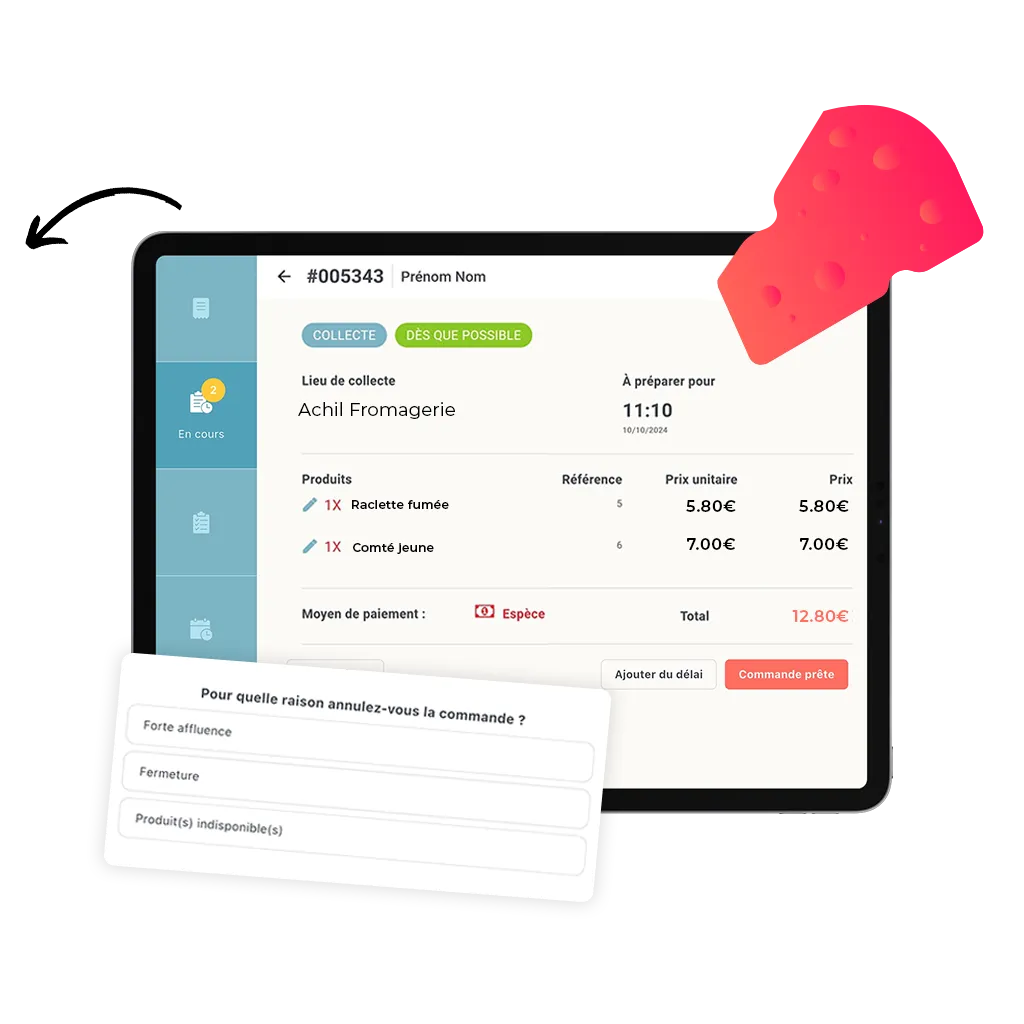 mockup d'une tablette sur le détail de comment supprimer une commande en click and collect d'une fromagerie