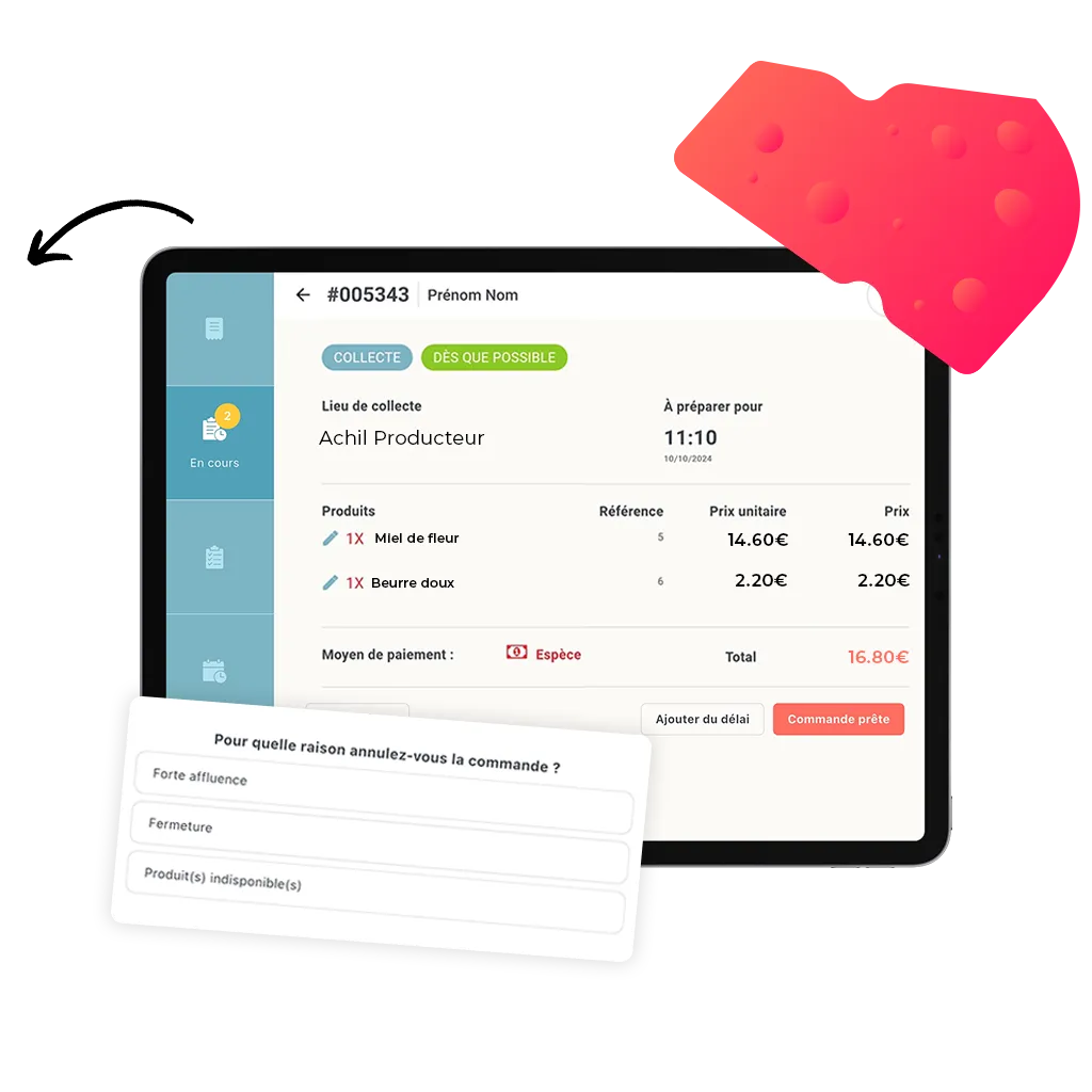 tablette d'une commande en click and collect d'un producteur qui souhaite l'annuler