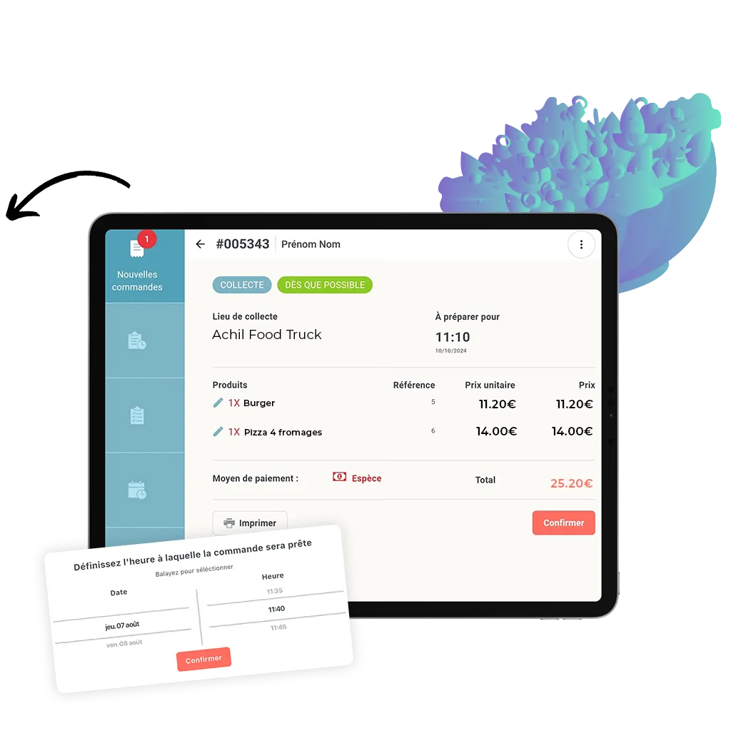 Mockup d'une tablette illustrant le fait de confirmer une commande en ligne food truck