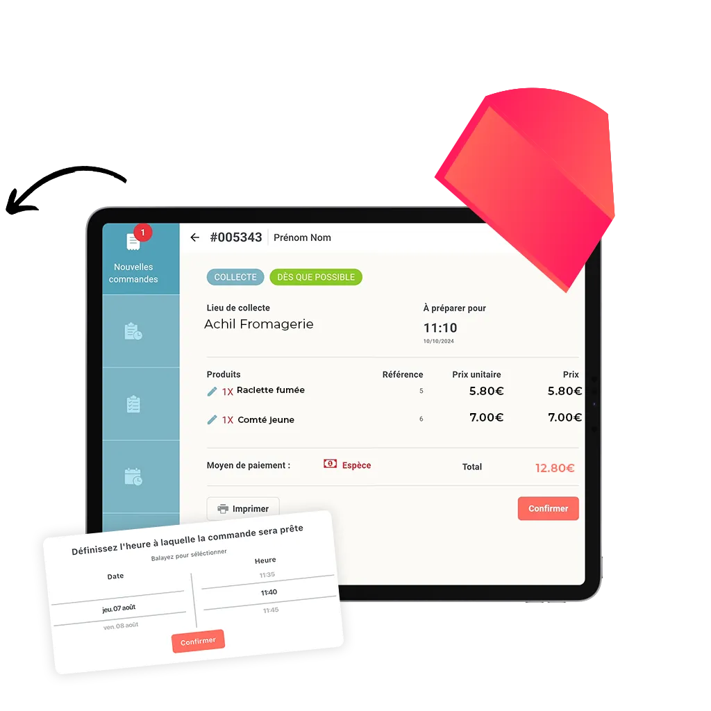 mockup d'une tablette sur le détail d'une commande en click and collect d'une fromagerie