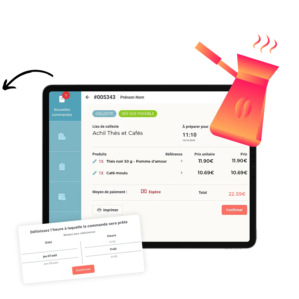 mockup d'une tablette sur le détail d'une commande en click and collect d'un magasin de thés et cafés