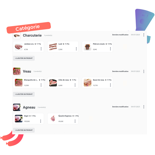 screen de différent exemple de catégorie de produit d'une boutique en ligne d'une boucherie charcuterie traiteur