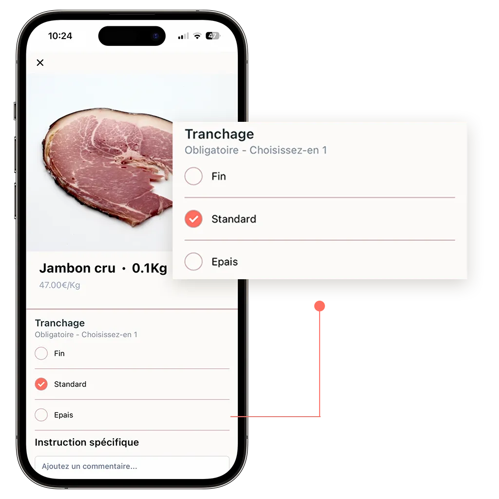 mockup d'un téléphone sur la fiche d'un produit vendu en ligne d'une boucherie avec un option obligatoire non payante