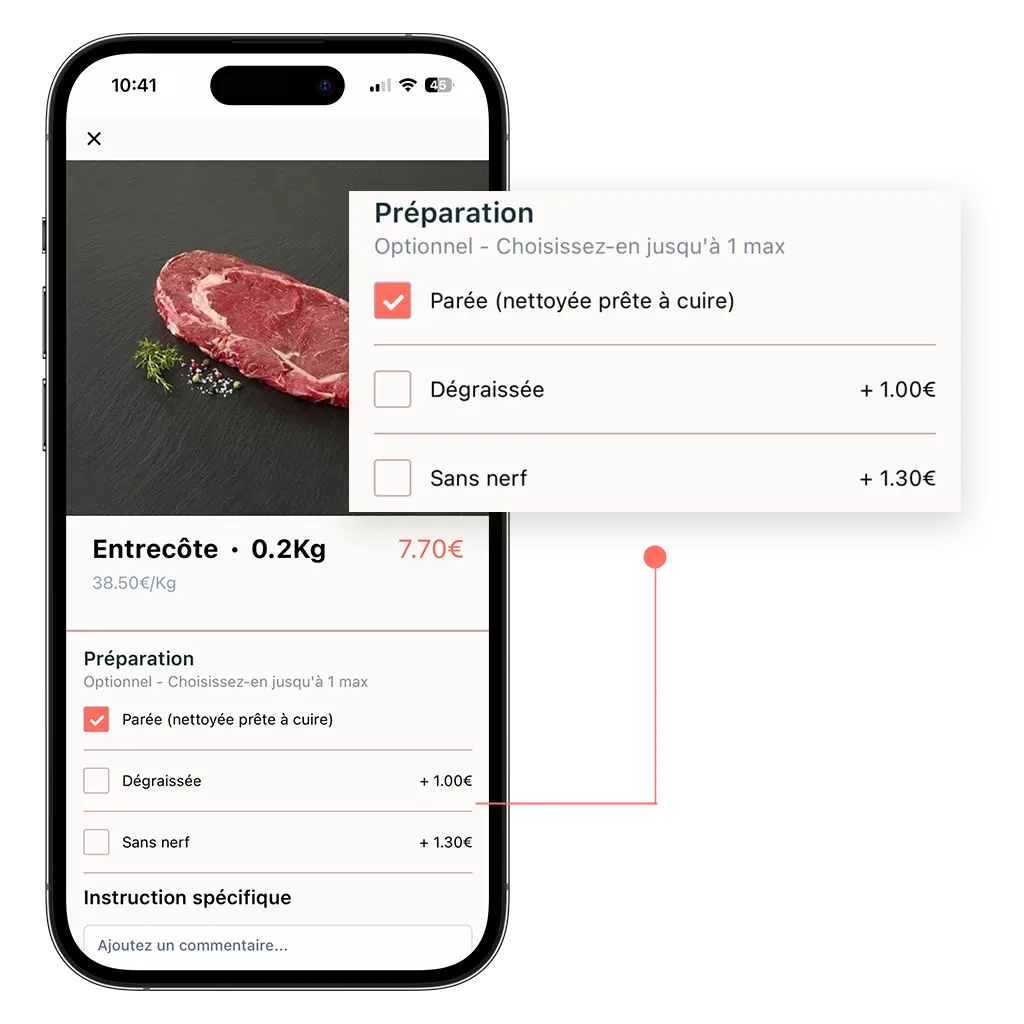 mockup d'un téléphone sur le site de commande en ligne d'une boucherie avec option non obligatoire