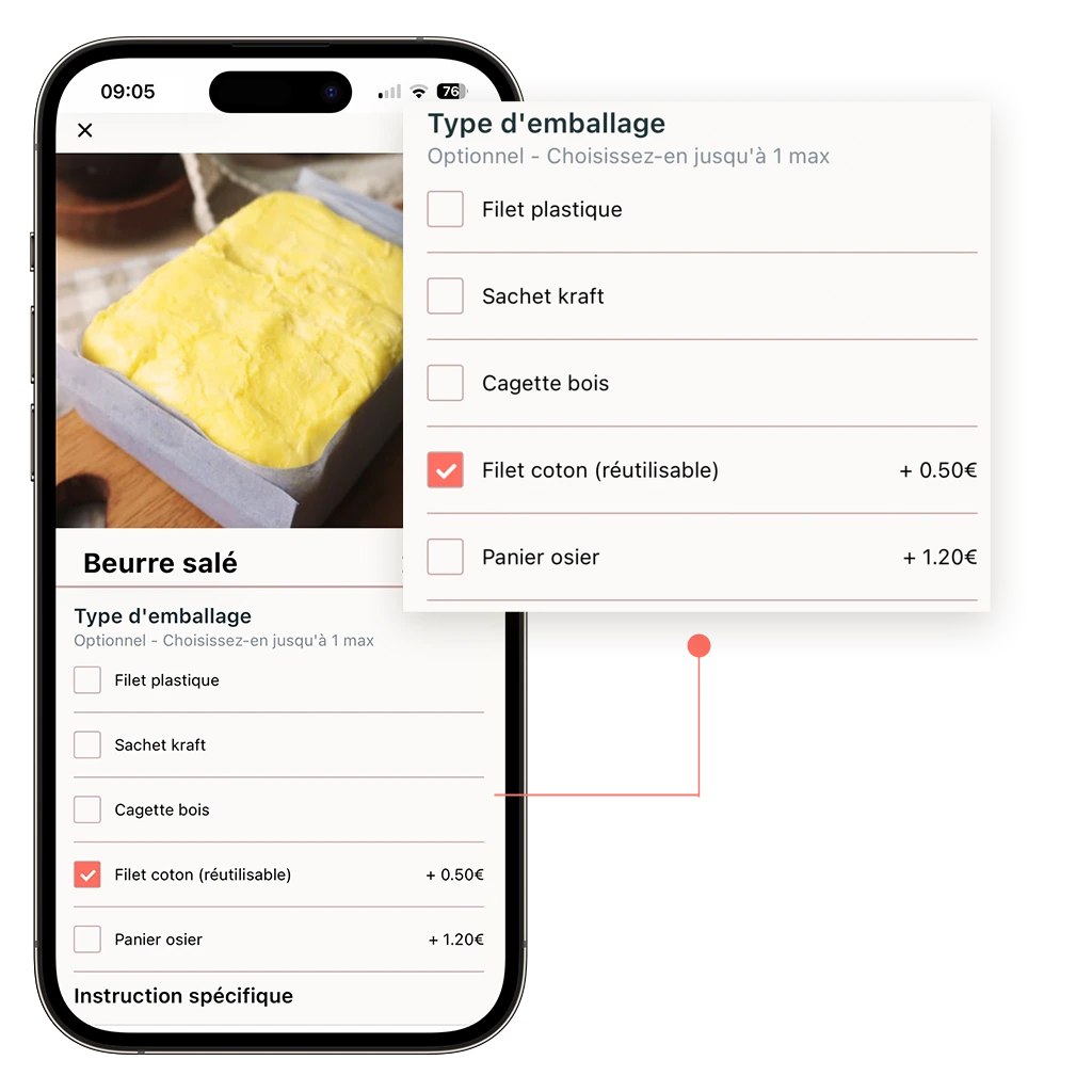 mockup d'un téléphone sur la page produit d'un producteur qui vend du beurre en click and collect et qui propose des options payantes à sélectionner