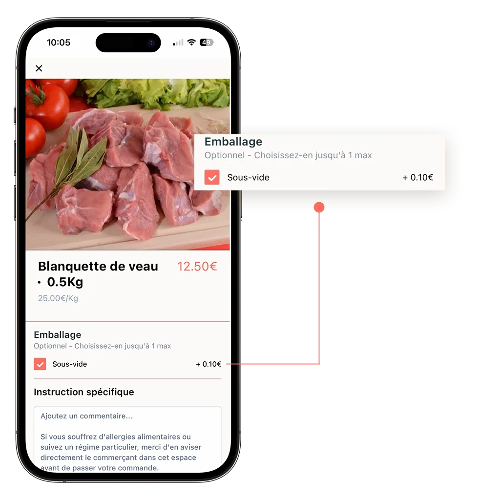 mockup d'un téléphone sur la fiche d'un produit vendu en ligne d'une boucherie avec une option optionnelle payante
