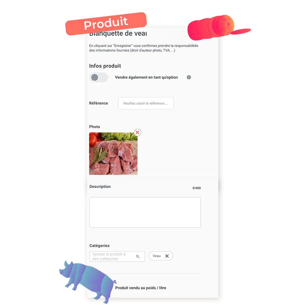 screen d'un exemple de produit de vente en ligne pour boucherie charcuterie traiteur