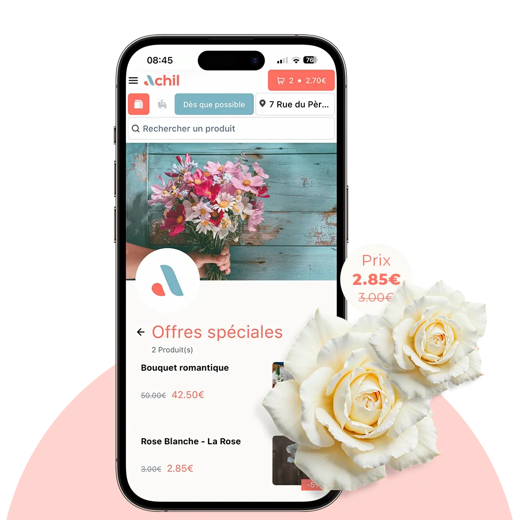 mockup de la page offre spéciale de la boutique en ligne d'un fleuriste qui propose des fleurs en click and collect