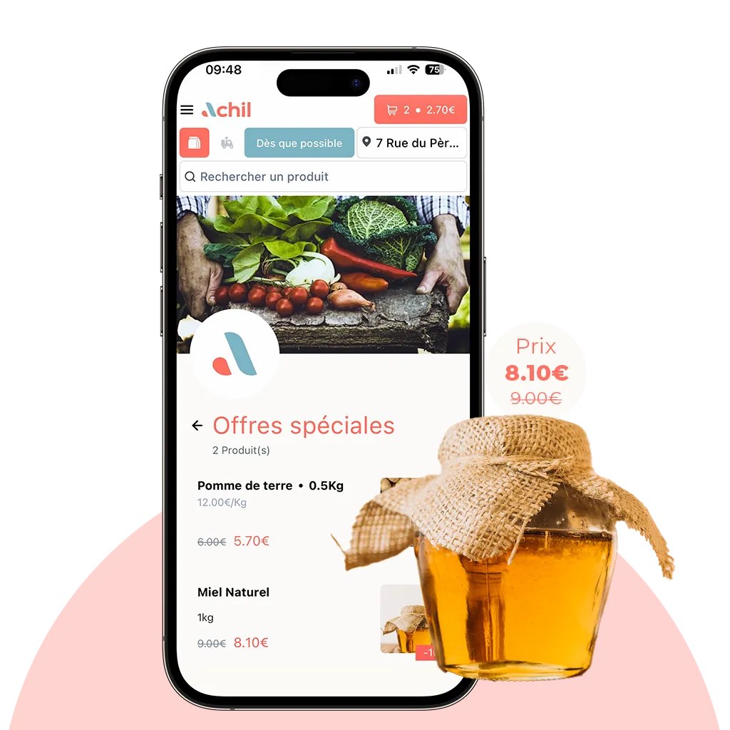 mockup de la page offre spéciale de la boutique en ligne d'un producteur qui propose du miel en click and collect