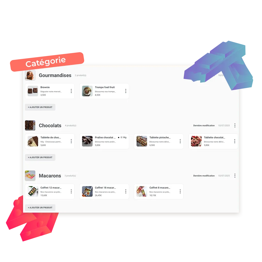 exemple de catégorie à ajouter pour un site de commande en ligne pour chocolaterie sur la plateforme Achil