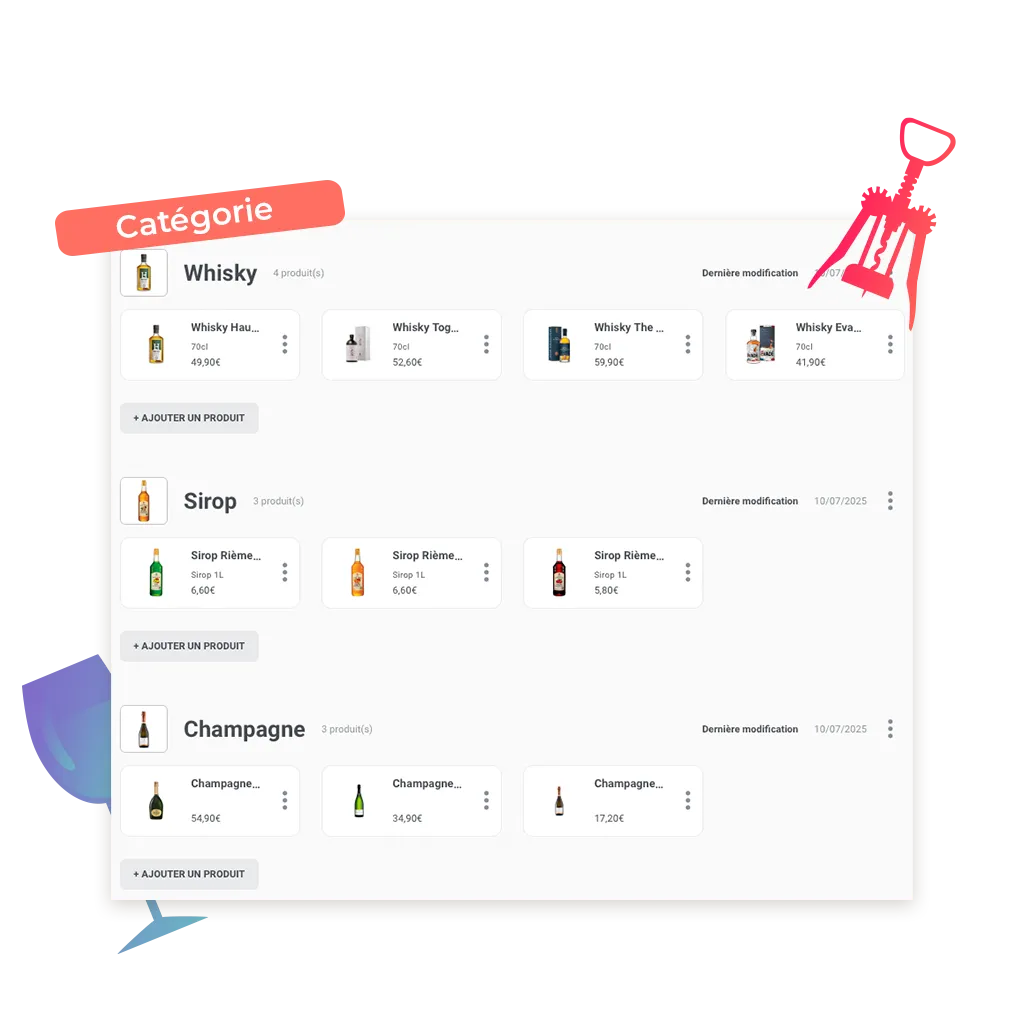 exemple de catégorie à ajouter pour un site de commande en ligne pour caviste sur la plateforme Achil