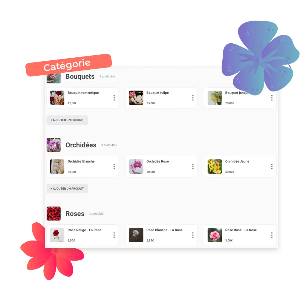 exemple de catégorie à ajouter pour un site de commande en ligne pour fleuriste sur la plateforme Achil