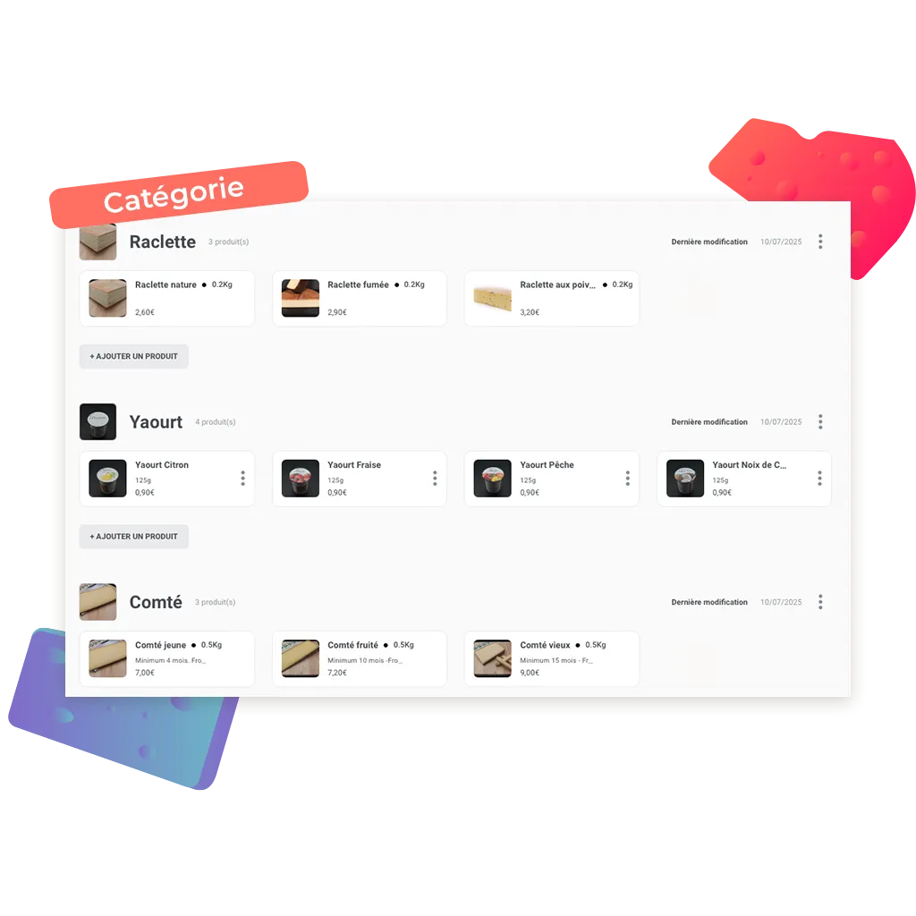 exemple de catégorie à ajouter pour un site de commande en ligne pour fromagerie sur la plateforme Achil