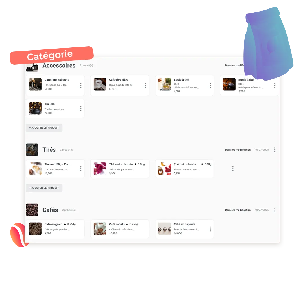 exemple de catégorie à ajouter pour un site de commande en ligne pour magasin de thés et cafés sur la plateforme Achil