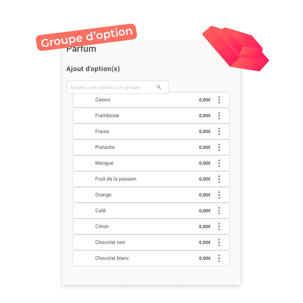 exemple d'un groupe d'option possible de mettre pour un site de commande en ligne pour chocolaterie