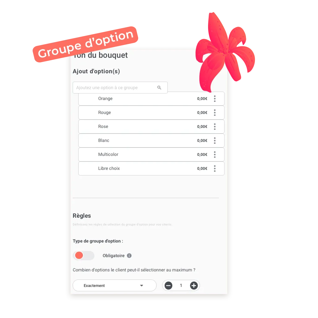 exemple d'un groupe d'option possible de mettre pour un site de command en ligne pour fleuriste