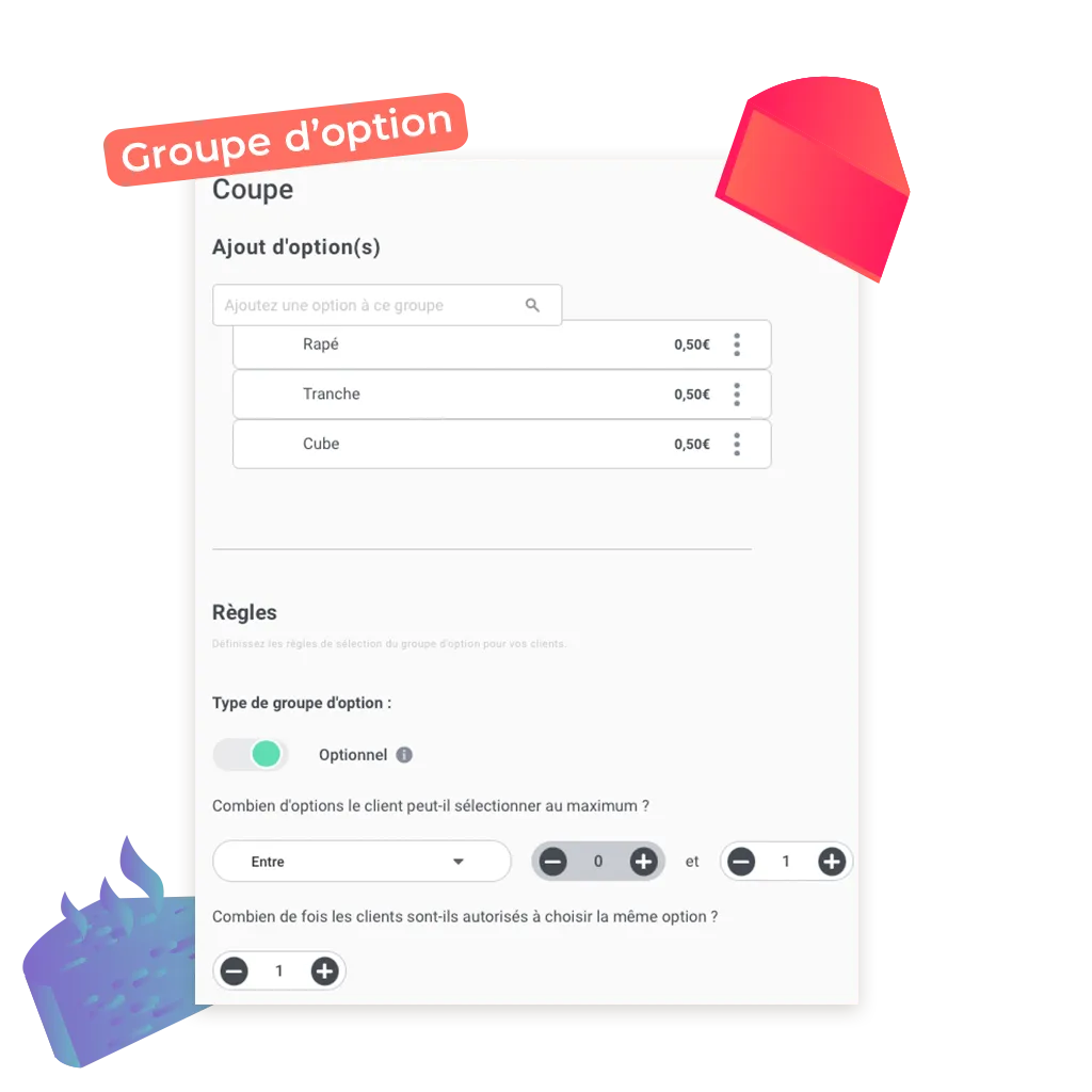 exemple d'un groupe d'option possible de mettre pour un site de commande en ligne pour fromagerie