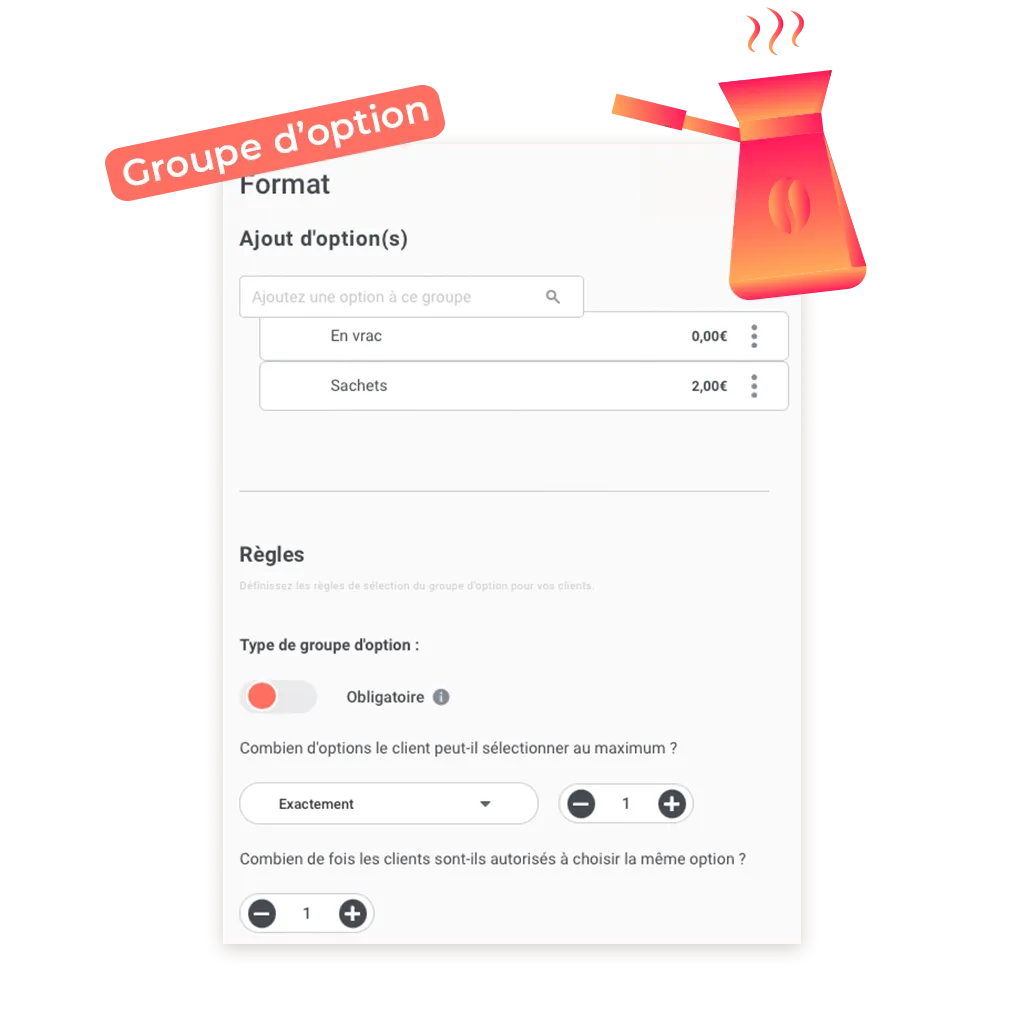 exemple d'un groupe d'option possible de mettre pour un site de commande en ligne pour magasin de thés et cafés