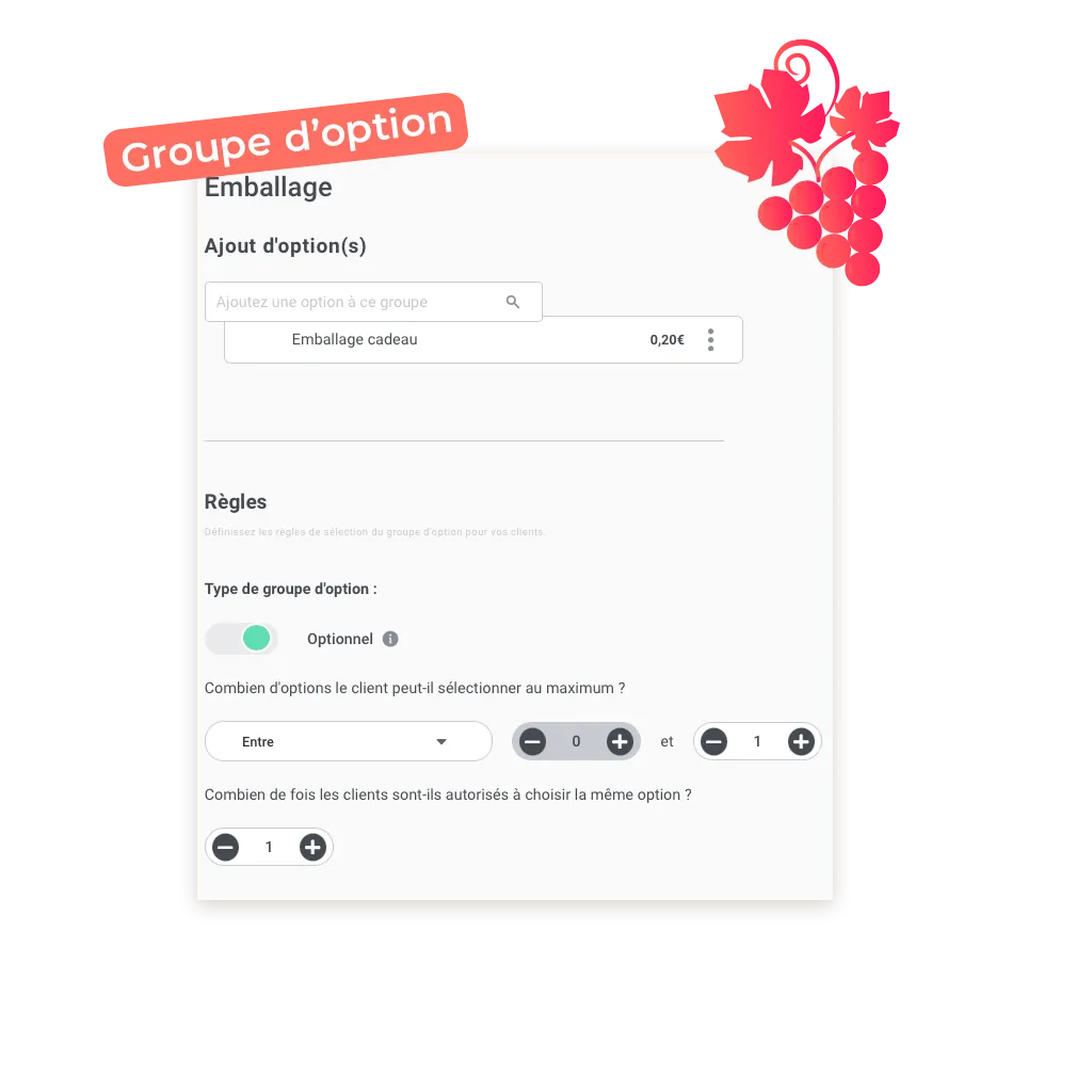 exemple d'un groupe d'option possible de mettre pour un site de command en ligne pour caviste
