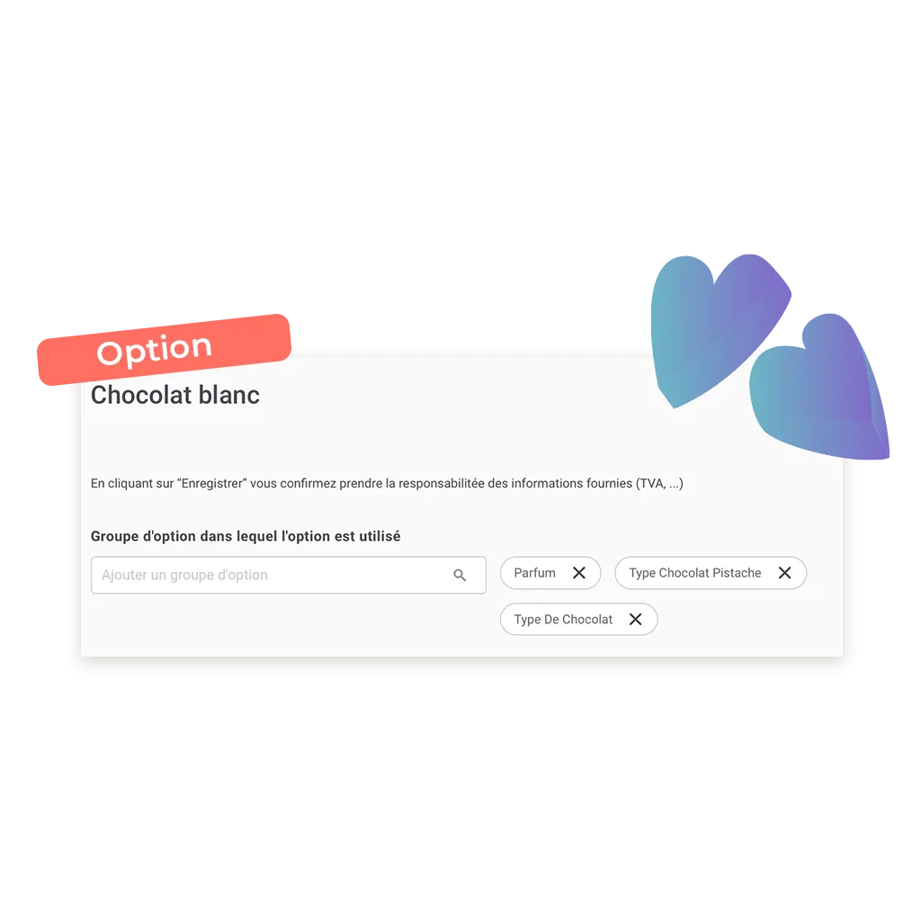 exemple d'option possible d'ajouter sur un site de commande en ligne pour chocolaterie