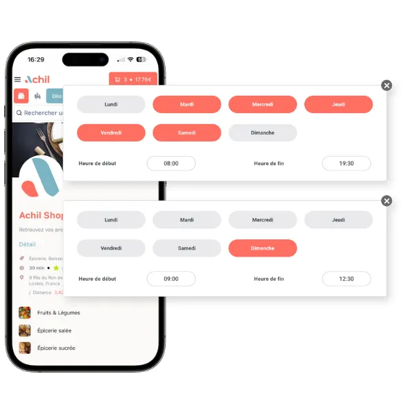 mockup d'un site de commande en ligne pour une épicerie avec les horaires d'ouverture
