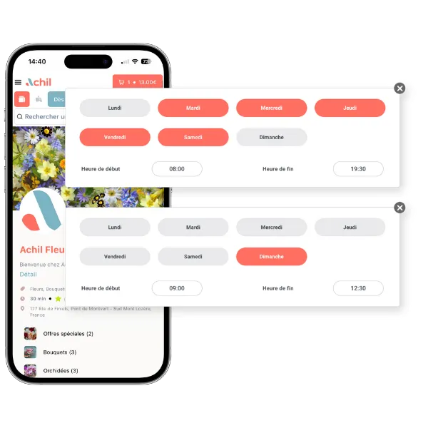 mockup d'un site de commande en ligne pour un magasin de fleurs avec les horaires d'ouverture