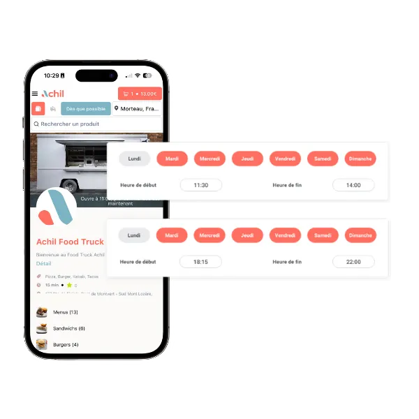 Mockup d'un téléphone avec les horaires d'une boutique en ligne d'un food truck