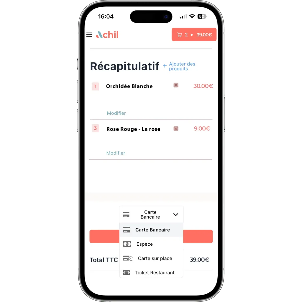 mockup d'un téléphone montrant tous les moyens de paiement accepté lors d'une commande en click and collect d'un magasin de fleurs