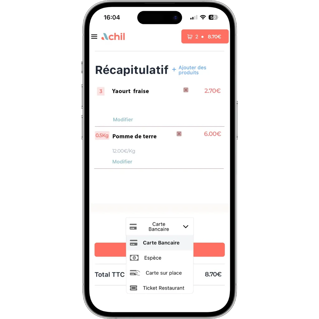 mockup d'un téléphone montrant tous les moyens de paiement accepté lors d'une commande en click and collect