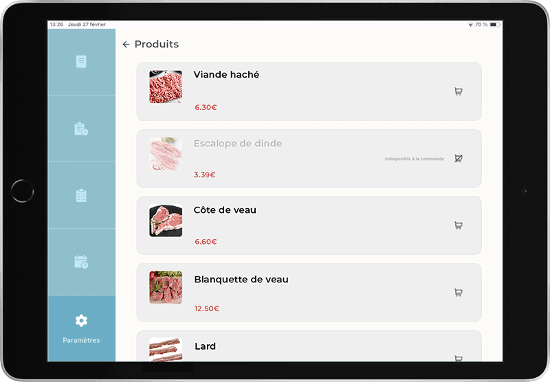 GIF d'une tablette avec plusieurs images illustrant l'utilisateur du système de commande en ligne d'une boucherie charcuterie traiteur achil